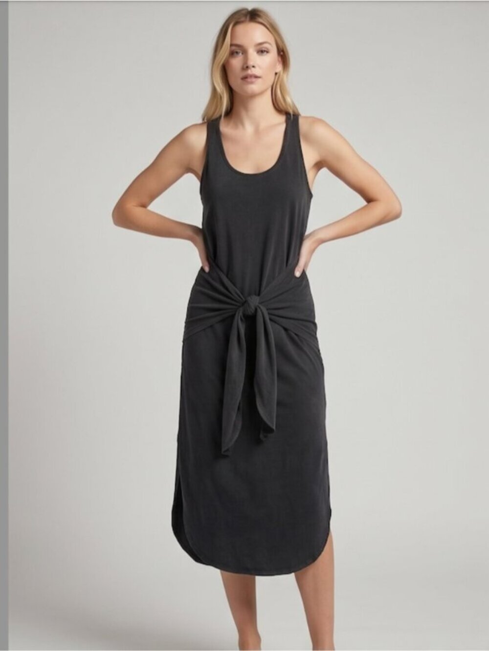 Lucky Brand Sleeveless Front-Tie Midi Dress | Casual Knit Tank Dress Black/Gray